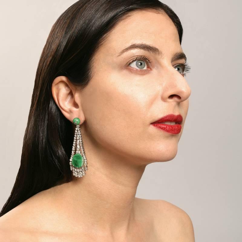 Women's Art Deco Diamond Jadite Jade Platinum Earrings