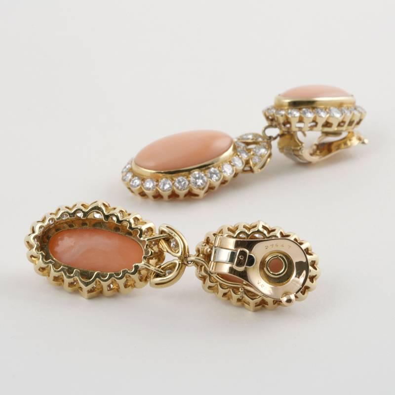 Cabochon Van Cleef & Arpels Coral and Diamond Drop Earrings 