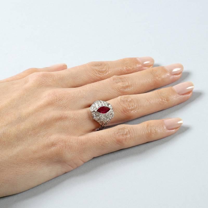 Marquise Cut 1920s Art Deco Ruby, Diamond and Platinum Ring