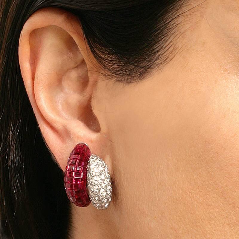 Van Cleef & Arpels Late 20th Century Ruby Diamond Platinum 'Mystère' Earrings 3