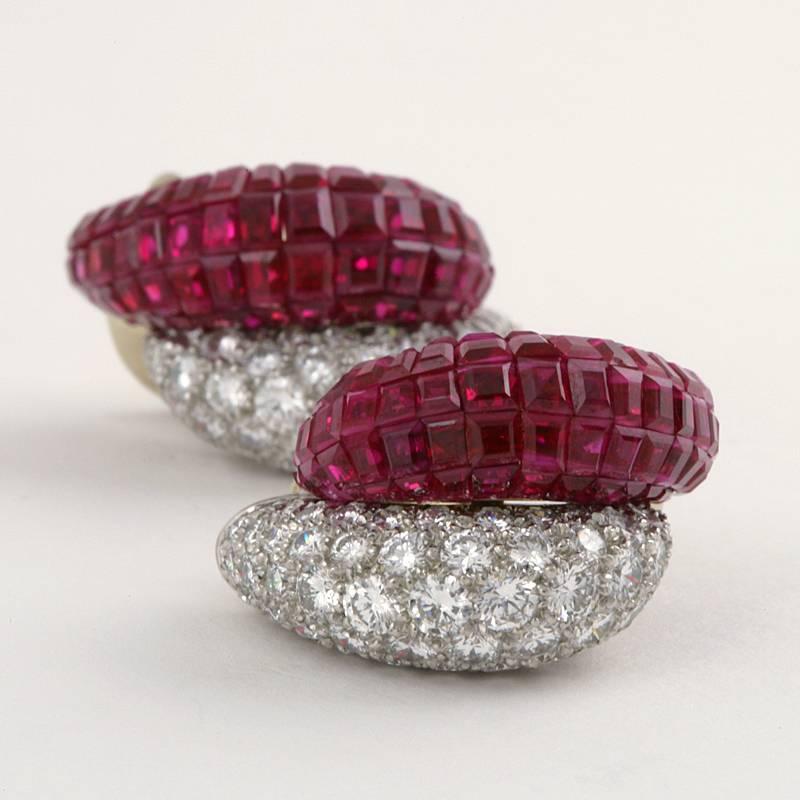 Van Cleef & Arpels Late 20th Century Ruby Diamond Platinum 'Mystère' Earrings 1
