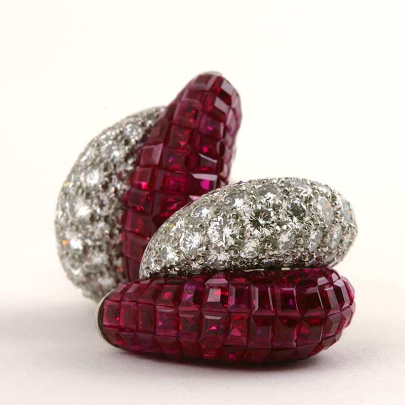 Women's Van Cleef & Arpels Late 20th Century Ruby Diamond Platinum 'Mystère' Earrings