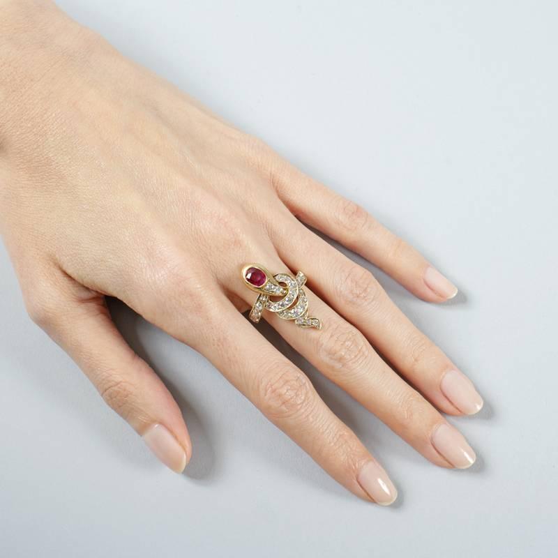 Women's Antique Russian Ruby Diamond Gold Serpent Ring