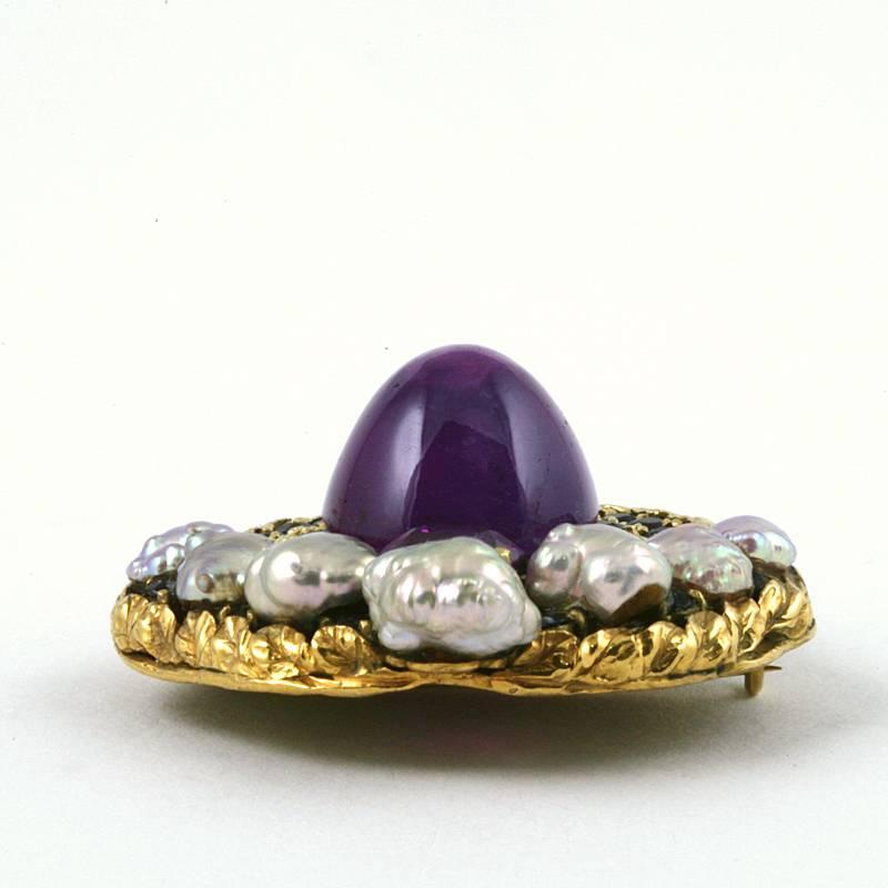 Women's Louis Comfort Tiffany Arts and Crafts Pearl Sapphire and Gold Brooch