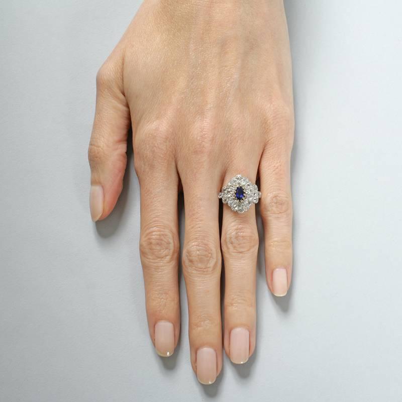 Women's Antique Blue Sapphire Diamond Gold Platinum Ring