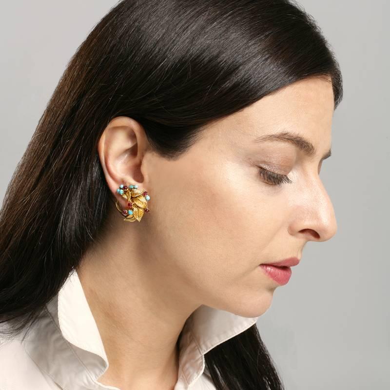Marchak Paris Mid-Century Turquoise Ruby Gold Earrings 2