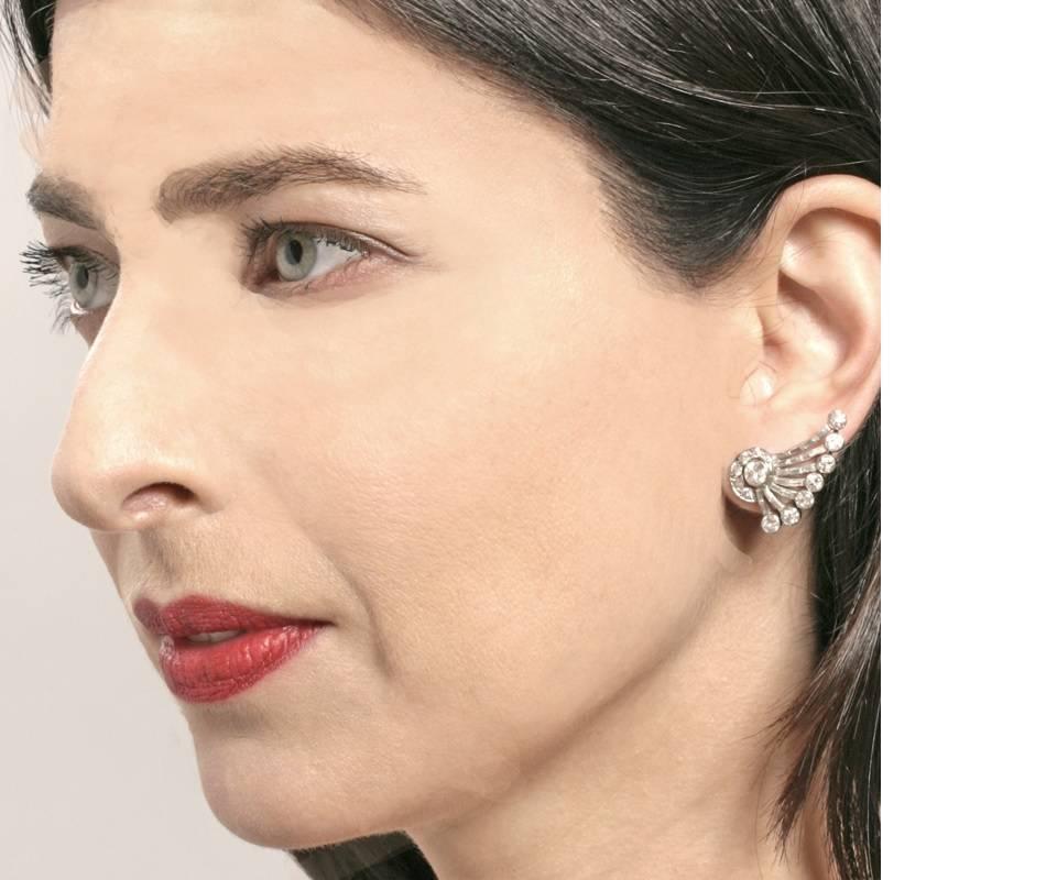 French 1950's Diamond Platinum Fan Earrings 3