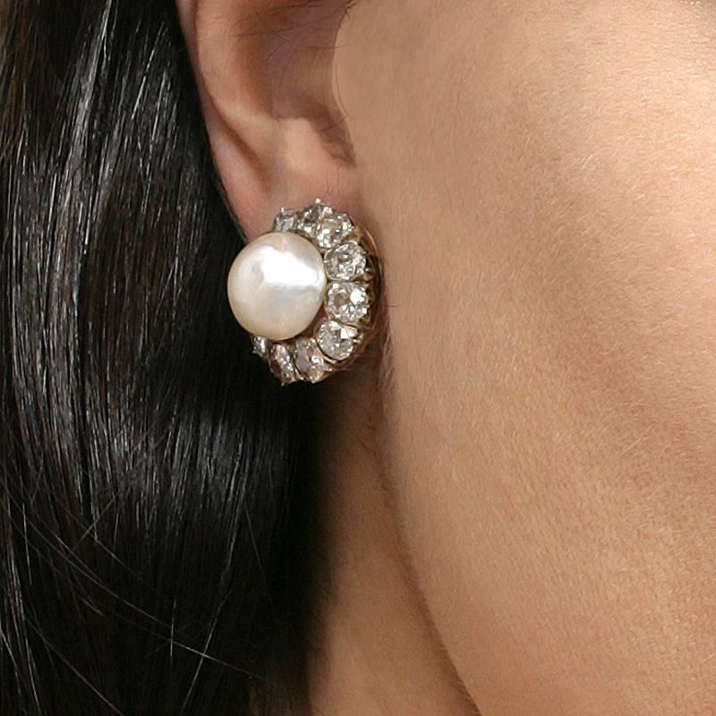 Antique Natural Saltwater Pearl Diamond Cluster Earrings In Excellent Condition In New York, NY