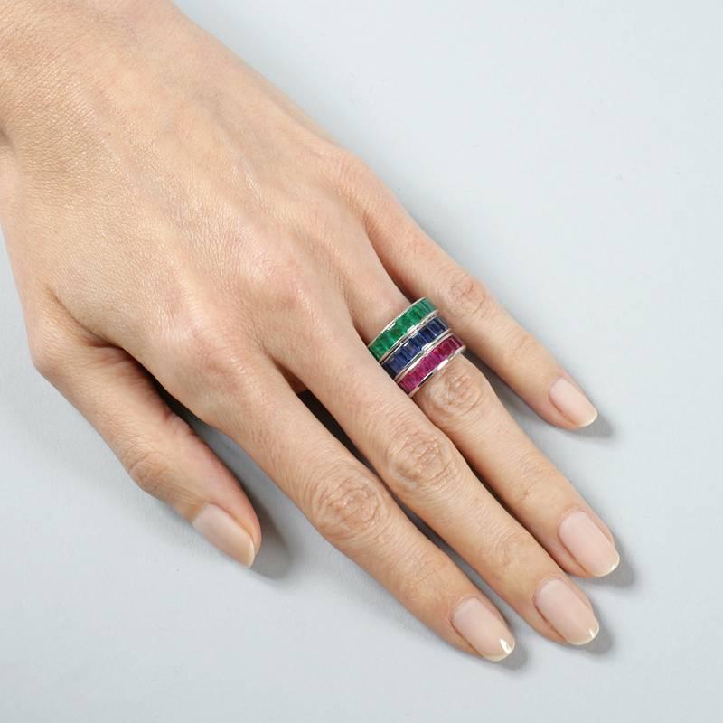 Mid-20th Century Sapphire, Emerald, Ruby Platinum Eternity Rings 2