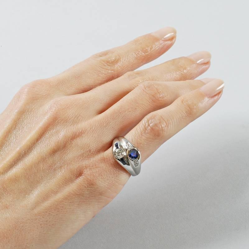 1930s Art Deco Sapphire Diamond and Platinum Double Ring For Sale 1