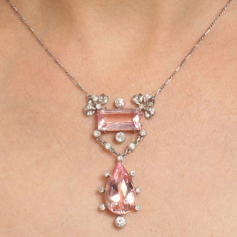 Edwardian Morganite, Diamond and Platinum Lavaliere Necklace In Excellent Condition In New York, NY