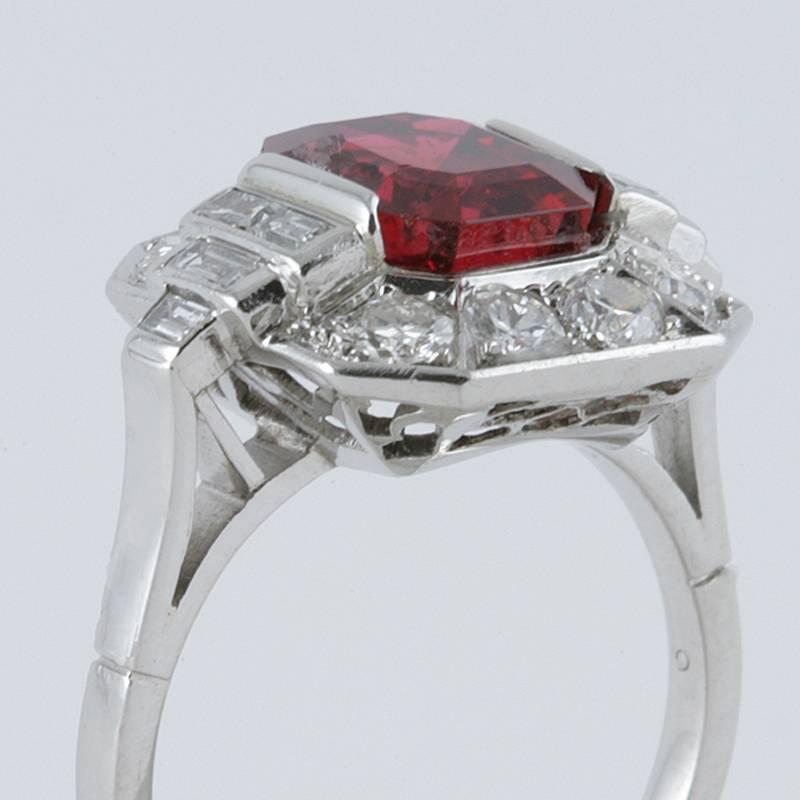 Baguette Cut 1930s Art Deco Red Spinel, Diamond and Platinum Ring