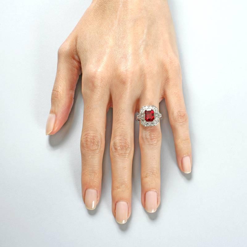 Women's 1930s Art Deco Red Spinel, Diamond and Platinum Ring