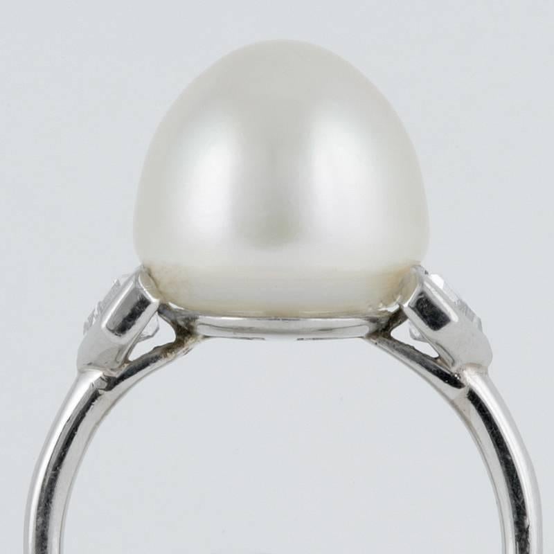 Cartier Art Deco Natural Saltwater Pearl, Diamond and Platinum Ring In Excellent Condition In New York, NY