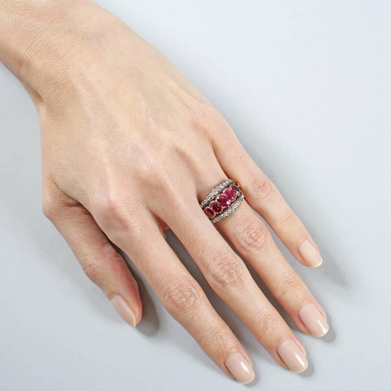 Women's French Antique Ruby Diamond Silver Top Gold Ring