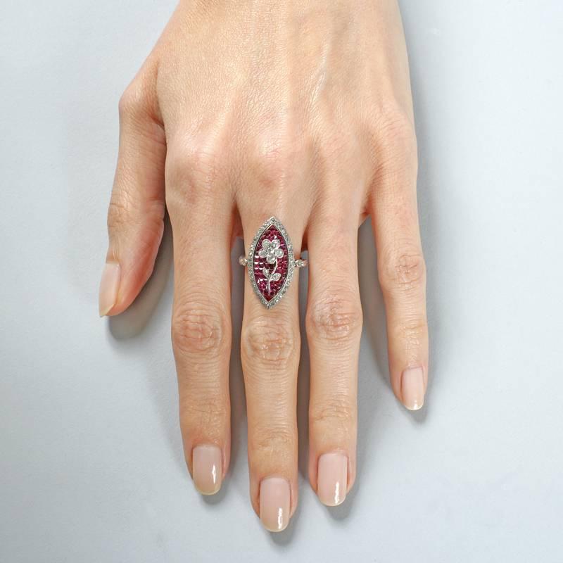 Women's Edwardian Diamond, Ruby, Platinum and Gold 'Navette' Ring For Sale