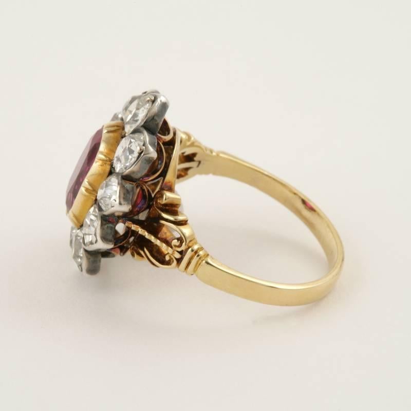 Antique Ruby Diamond Silver Gold Ring In Excellent Condition In New York, NY