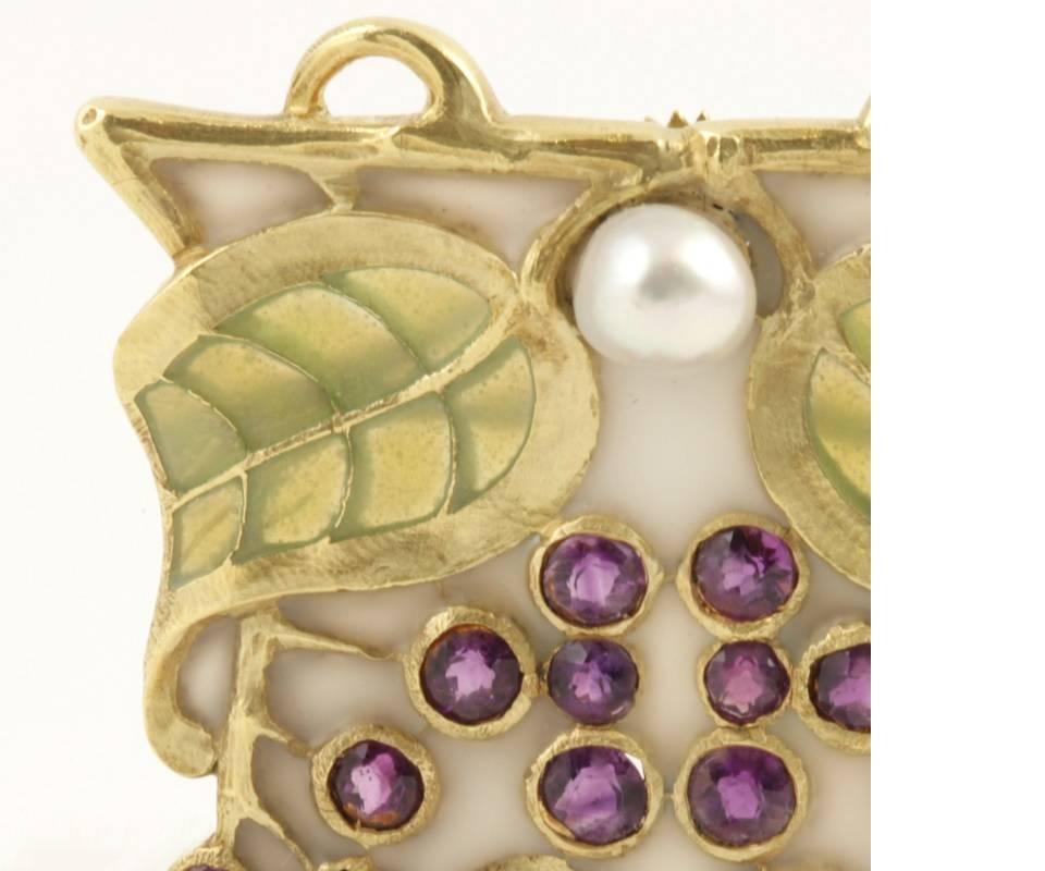 Old Mine Cut Louis Zorra Art Nouveau Diamond Amethyst Pearl and Plique-à-Jour Enamel Brooch For Sale