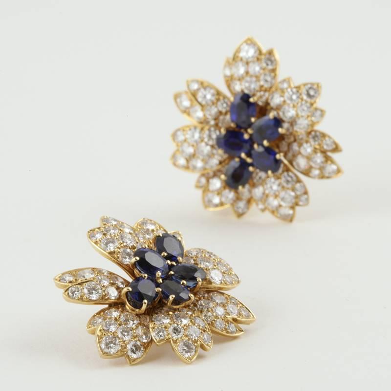 Women's Van Cleef & Arpels Paris Estate Diamond, Blue Sapphire and Gold Earrings