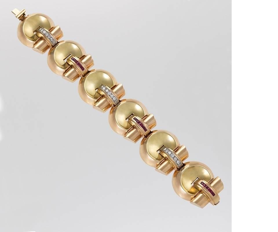Retro Diamond, Ruby and Gold Bracelet In Excellent Condition In New York, NY