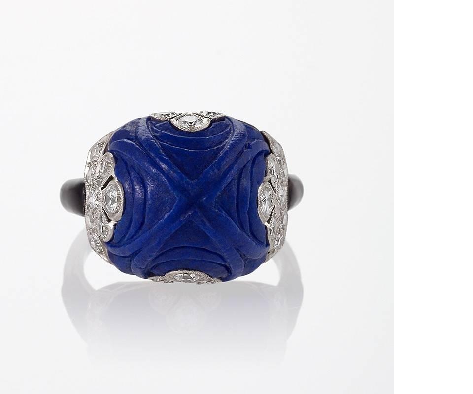 Art Deco Lapis Lazuli, Diamond, Enamel and Platinum Ring Attributed to Marchak In Excellent Condition In New York, NY