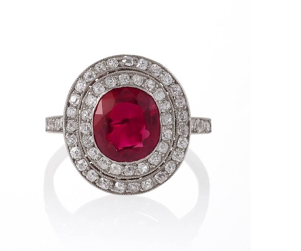 Art Deco No-Heat Burmese Ruby and Diamond Halo Ring 