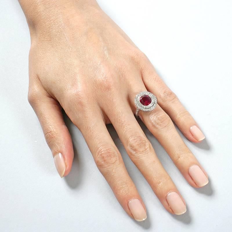 No-Heat Burmese Ruby and Diamond Halo Ring  In Excellent Condition In New York, NY