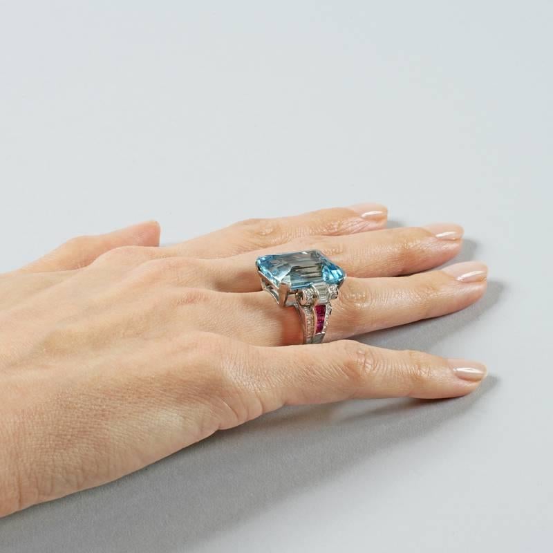 Women's 1940's Retro Aquamarine, Diamond, Ruby and Platinum Ring