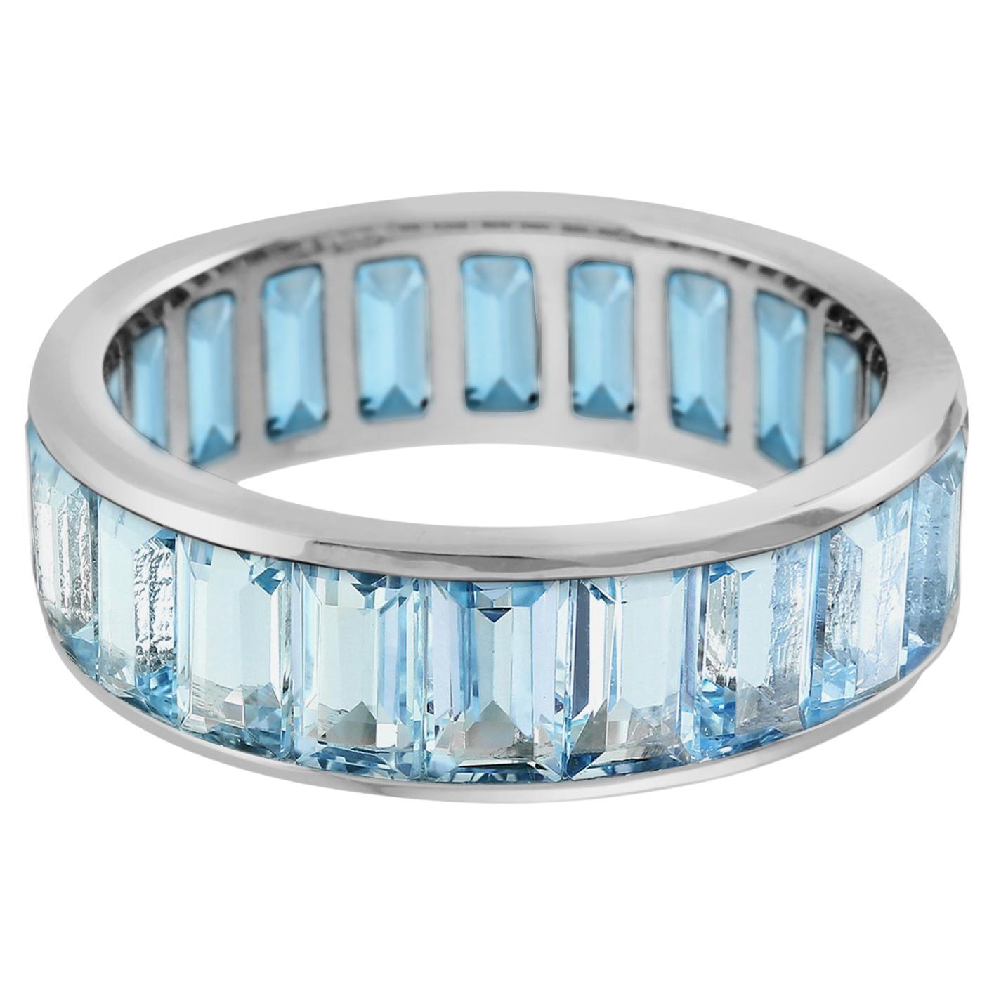 For Sale:  Seamless Baguette Blue Topaz Eternity Ring in Platinum950