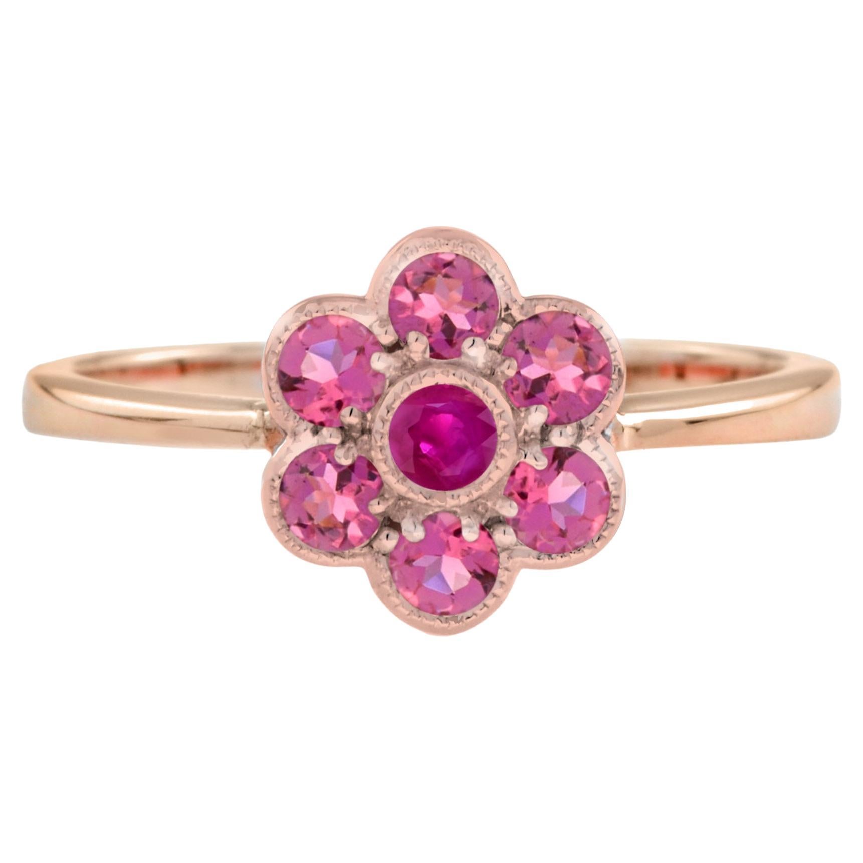 For Sale:  Ruby and Pink Tourmaline Floral Cluster Ring in 14K Rose Gold