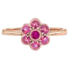 Rubin- und rosa Turmalin-Blumen-Cluster-Ring aus 14 Karat Roségold