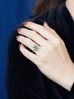 Emerald Onyx Diamond Art Deco Style Halo Ring in 18K White Gold