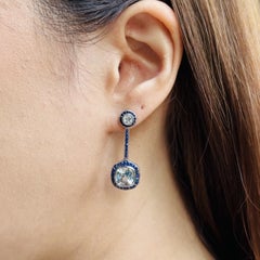 Aquamarine and Sapphire Art Deco Style Drop Earrings in 14K White Gold