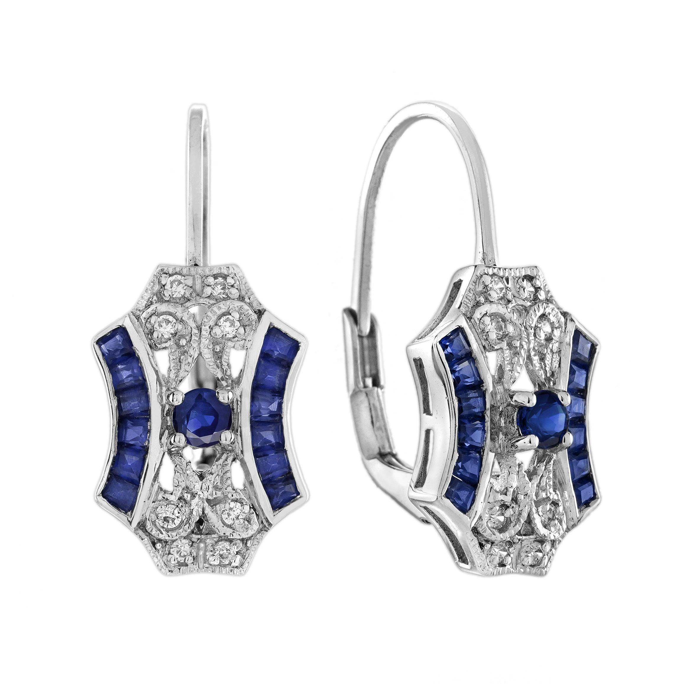 Orecchini con chiusura a leva in stile Art Déco con zaffiro e diamante in oro bianco 14K