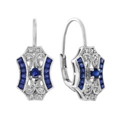 Orecchini con chiusura a leva in stile Art Déco con zaffiro e diamante in oro bianco 14K