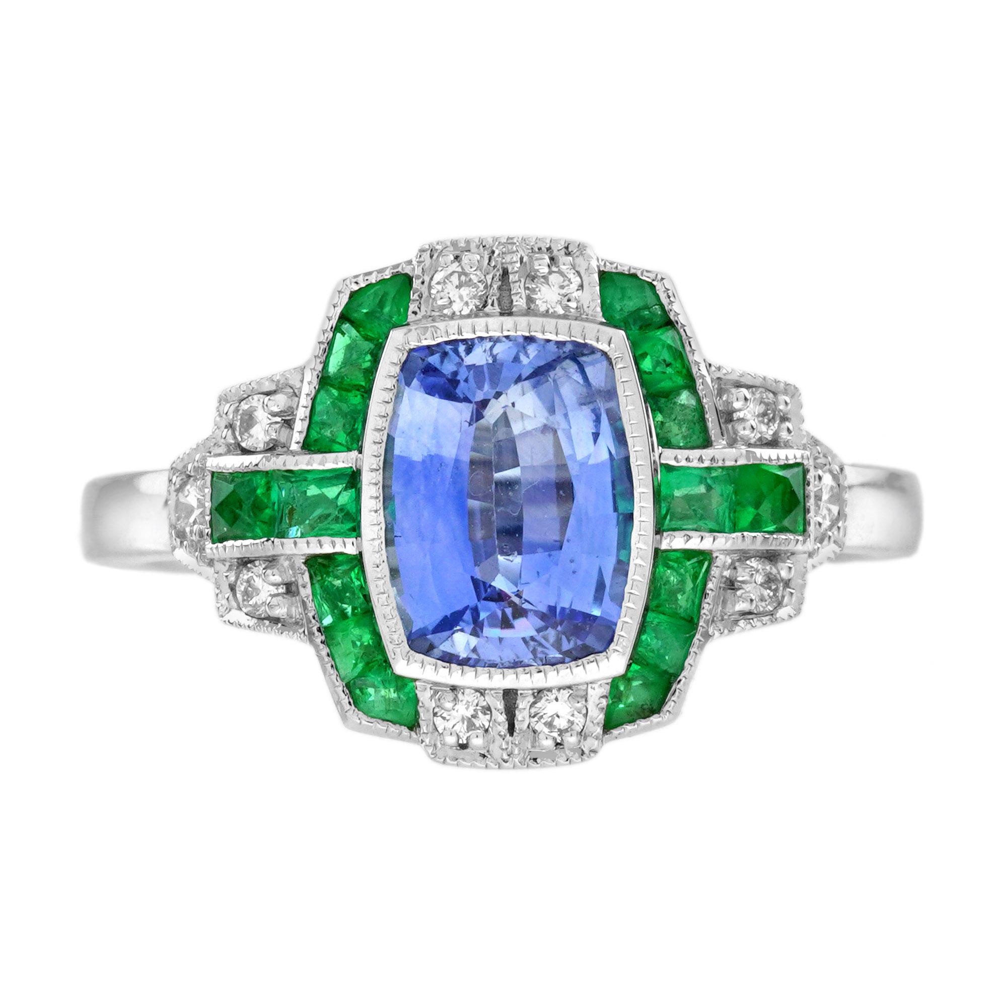 Ceylon Saphir Smaragd und Diamant Art Deco Stil Verlobungsring in 18K Gold