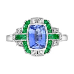 Ceylon Saphir Smaragd und Diamant Art Deco Stil Verlobungsring in 18K Gold