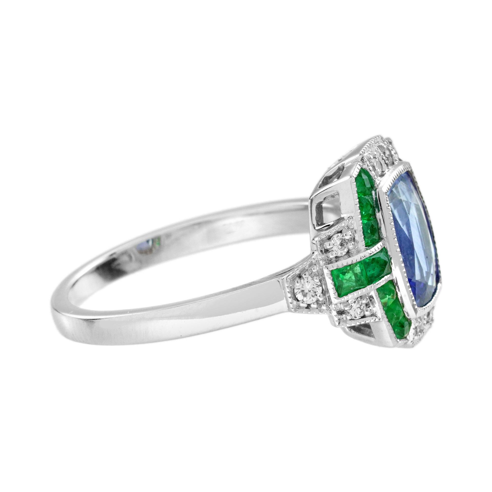 Taille coussin Bague de fiançailles en or 18 carats, saphir de Ceylan, émeraude et diamant de style Art déco en vente
