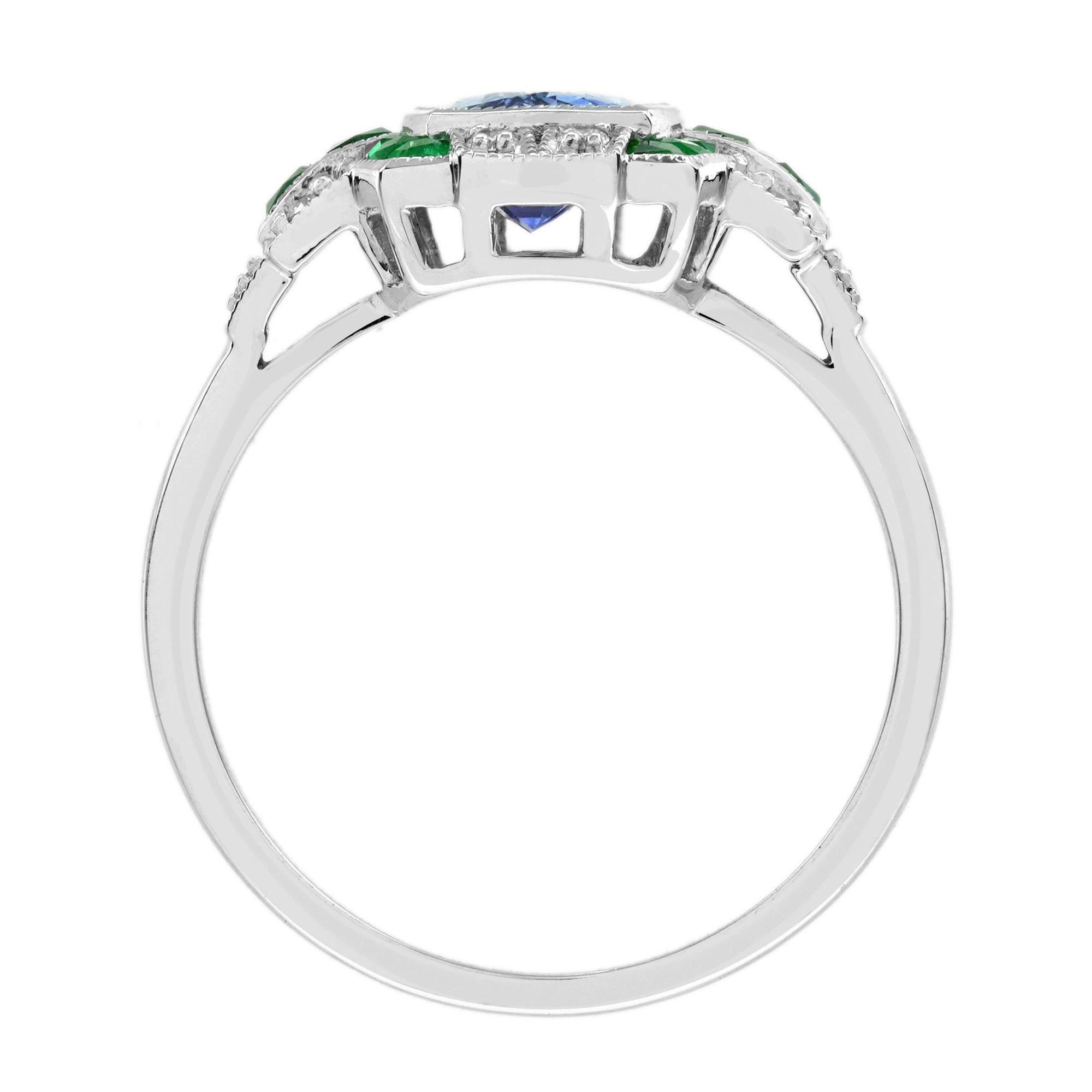 Bague de fiançailles en or 18 carats, saphir de Ceylan, émeraude et diamant de style Art déco Pour femmes en vente