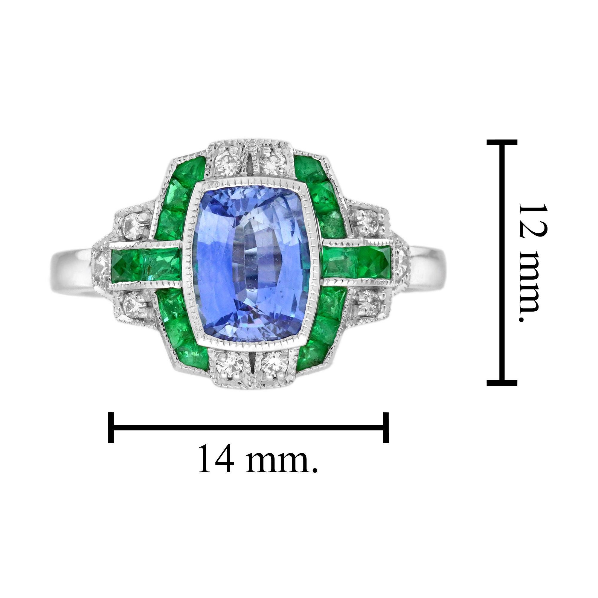 Bague de fiançailles en or 18 carats, saphir de Ceylan, émeraude et diamant de style Art déco en vente 1