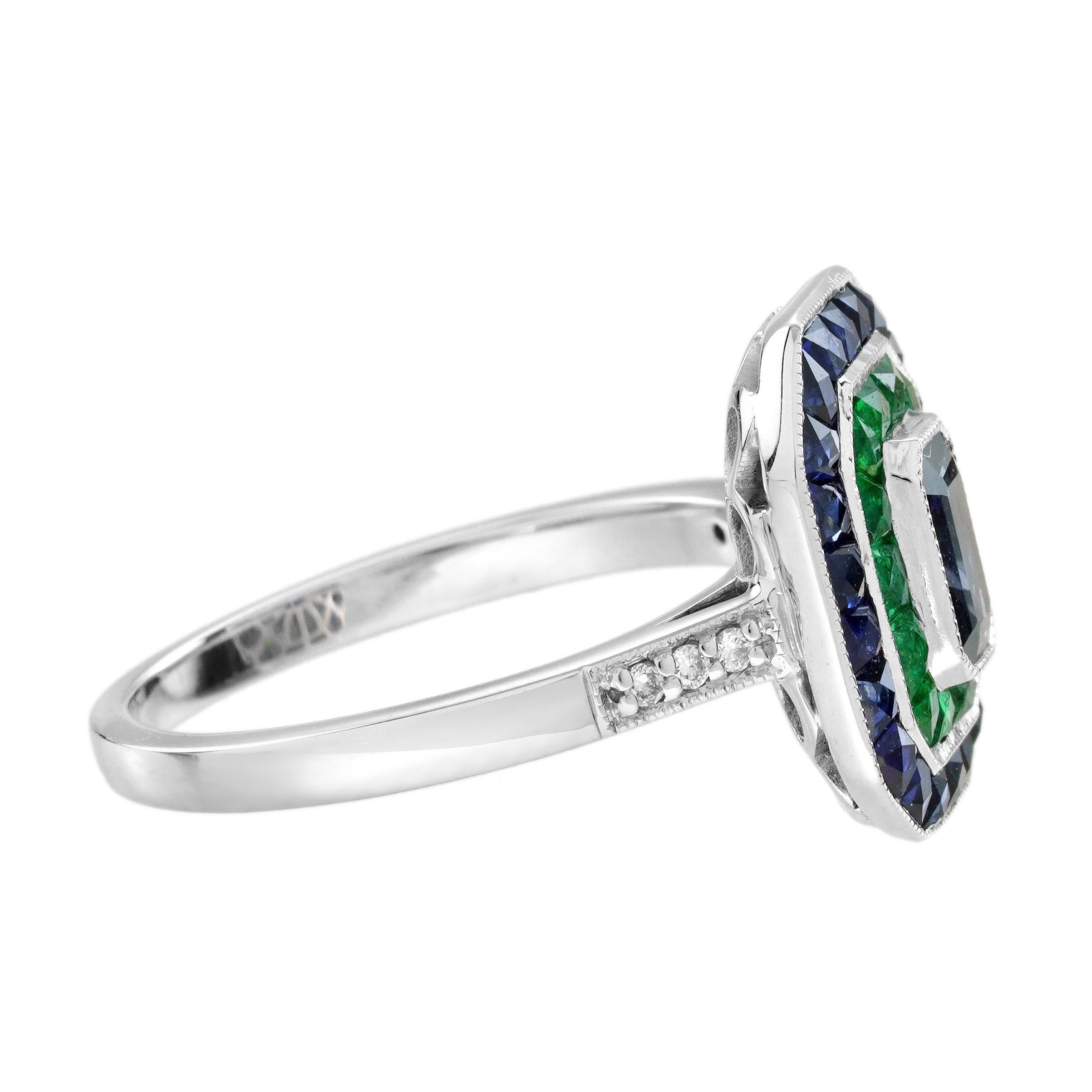 Ceylon Saphir Smaragd Diamant Art Deco Stil Verlobungsring in 18K Weißgold (Art déco) im Angebot