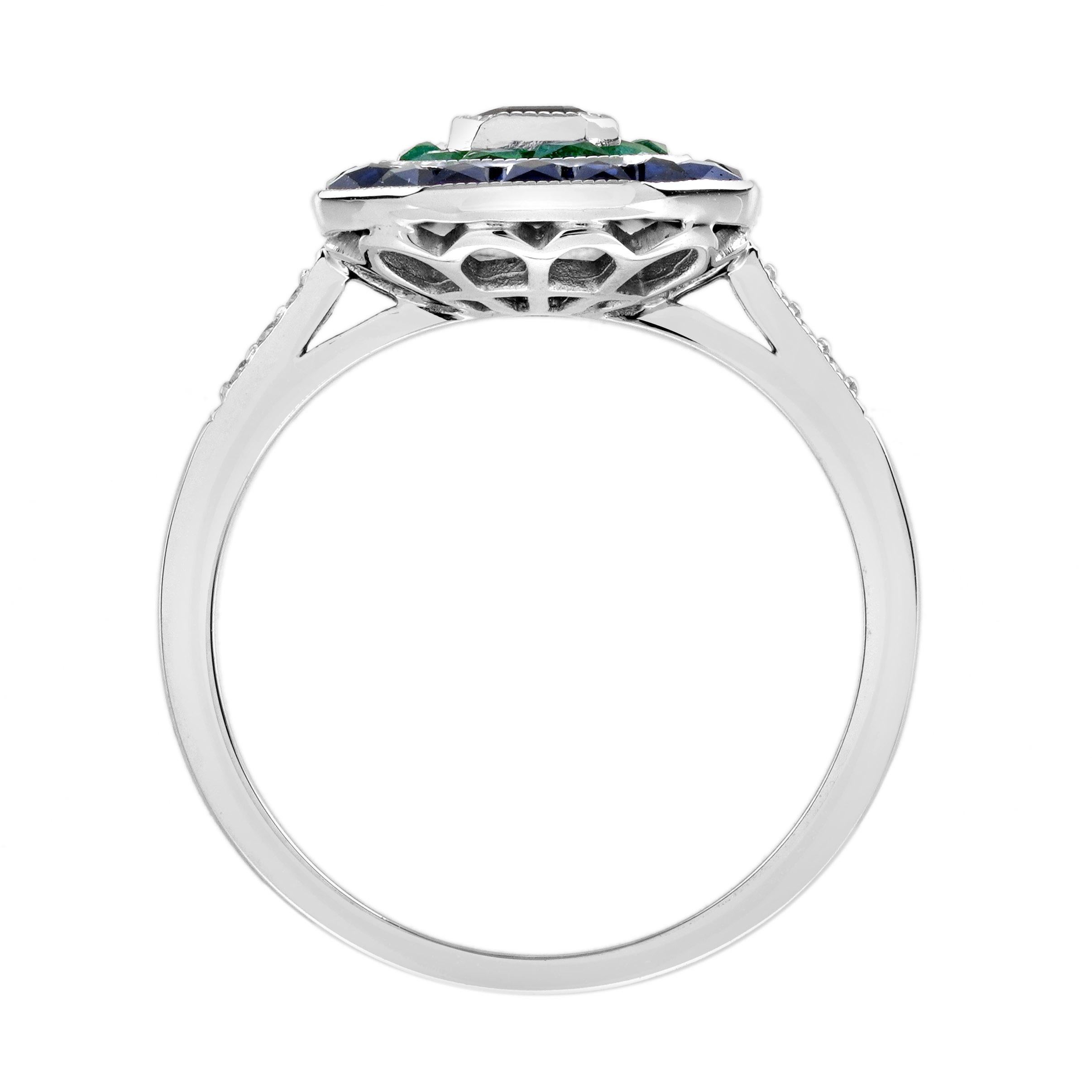 Ceylon Saphir Smaragd Diamant Art Deco Stil Verlobungsring in 18K Weißgold im Zustand „Neu“ im Angebot in Bangkok, TH