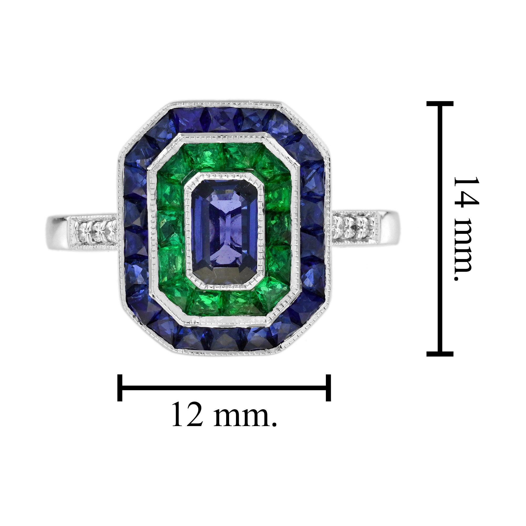 Ceylon Saphir Smaragd Diamant Art Deco Stil Verlobungsring in 18K Weißgold Damen im Angebot