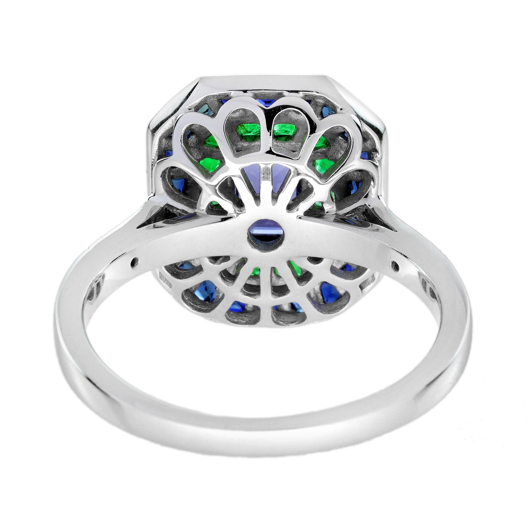 Ceylon Saphir Smaragd Diamant Art Deco Stil Verlobungsring in 18K Weißgold (Smaragdschliff) im Angebot