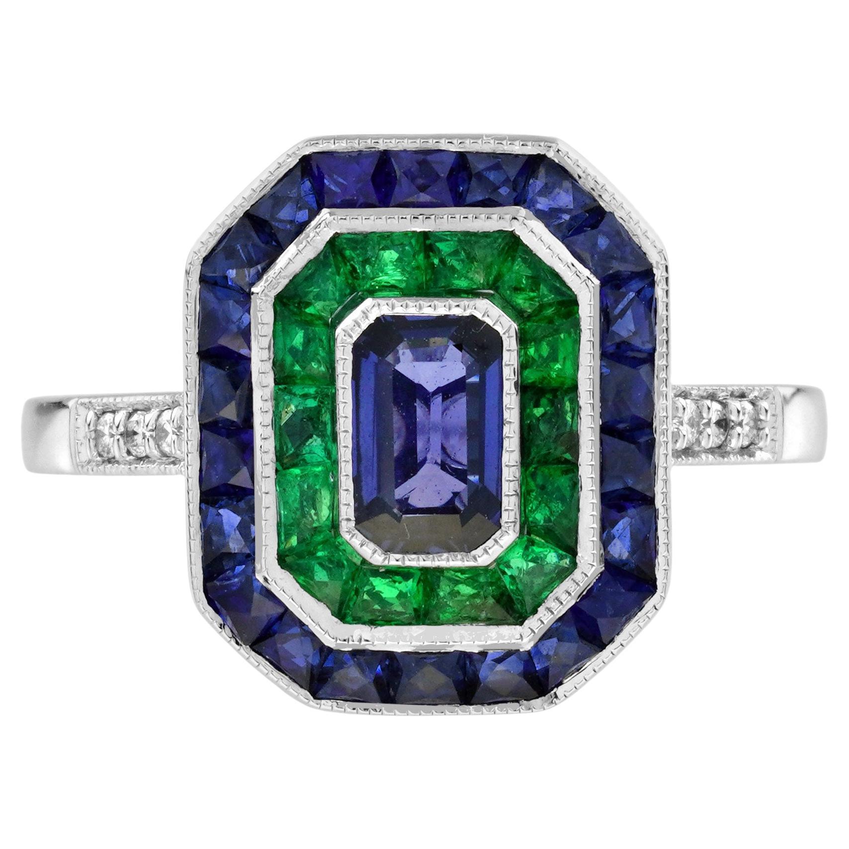 Ceylon Sapphire Emerald Diamond Art Deco Style Engagement Ring in 18K White Gold