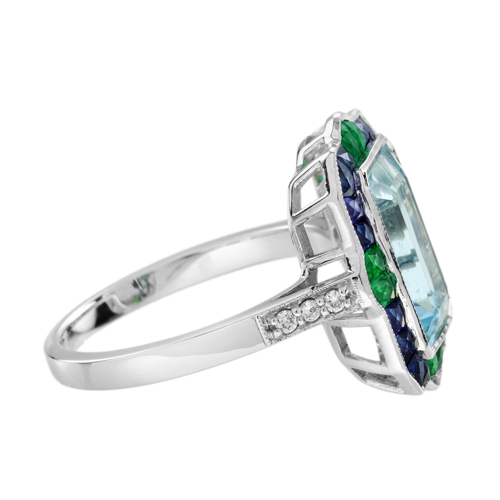 2,76 ct. Aquamarin-Smaragd-Saphir-Diamant-Cocktailring aus 18 Karat Weißgold (Art déco) im Angebot