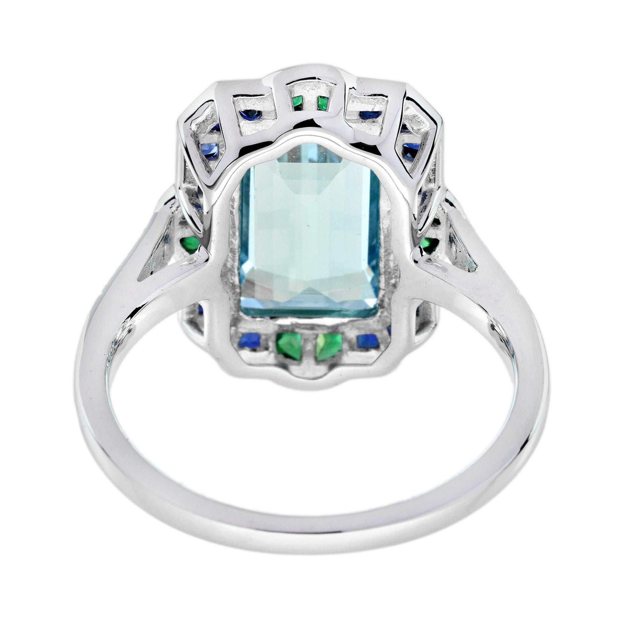2,76 ct. Aquamarin-Smaragd-Saphir-Diamant-Cocktailring aus 18 Karat Weißgold (Smaragdschliff) im Angebot