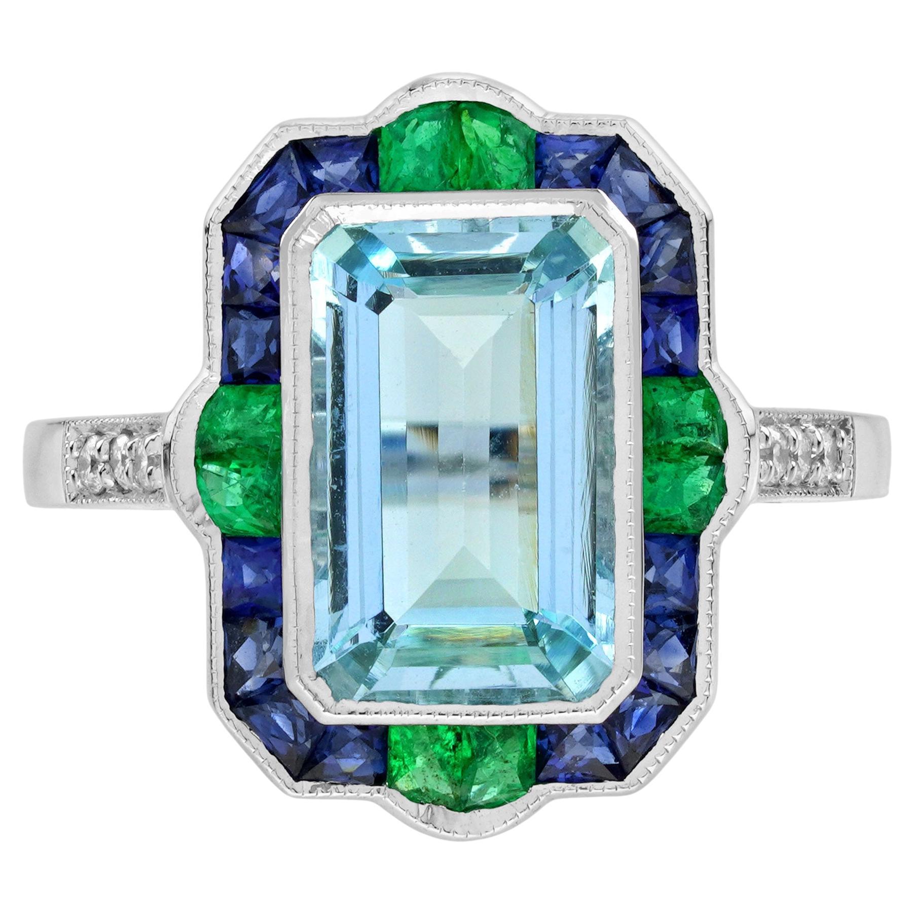 2,76 ct. Aquamarin-Smaragd-Saphir-Diamant-Cocktailring aus 18 Karat Weißgold im Angebot