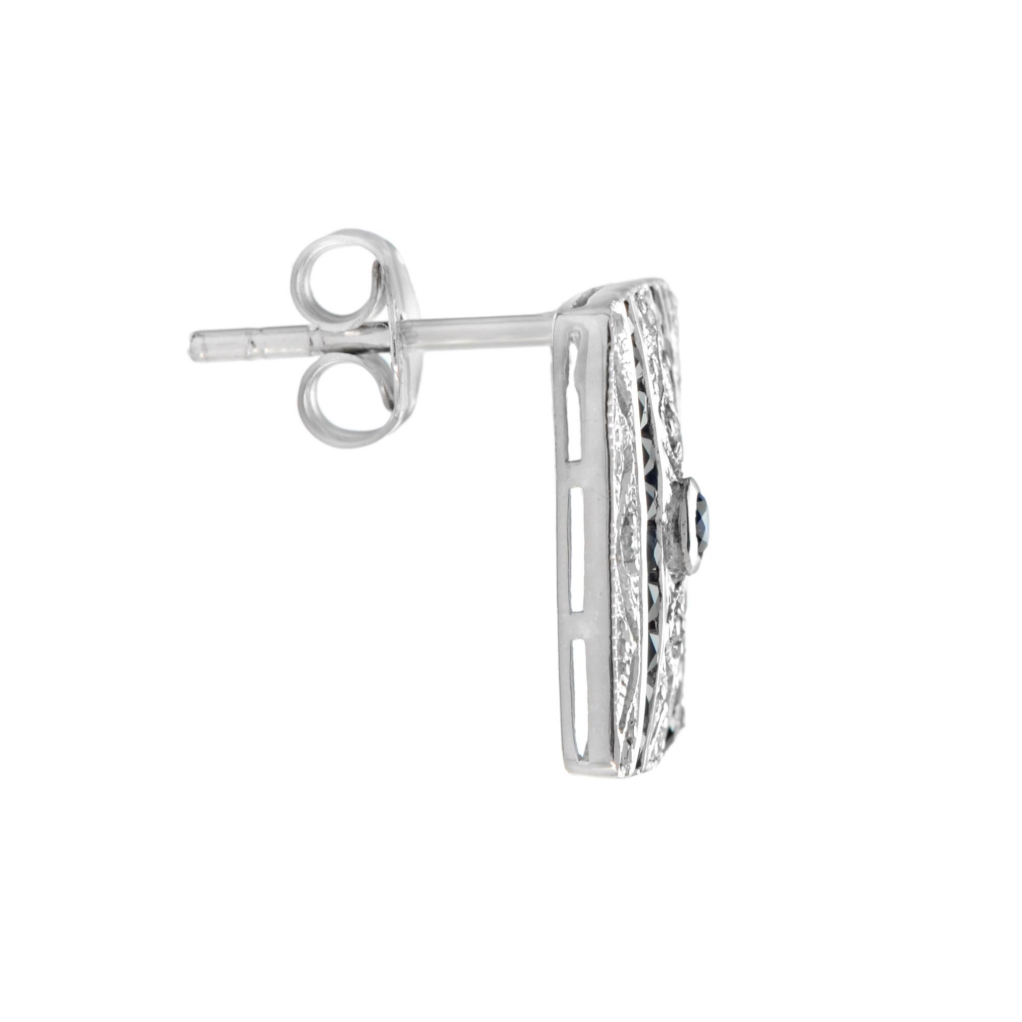 Boucles d'oreilles carrées en or blanc 9K, saphir et diamant, style Art Déco Neuf - En vente à Bangkok, TH