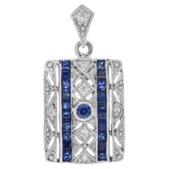 Quadratischer Anhänger mit Saphir und Diamant im Art Deco Stil aus 9K Weißgold
